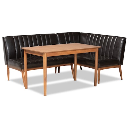 Baxton Studio Daymond Mid-Century Dark Brown Faux Leather and Walnut Brown Finished Wood 3-PC Dining Nook Set 186-11349-9305-Zoro
